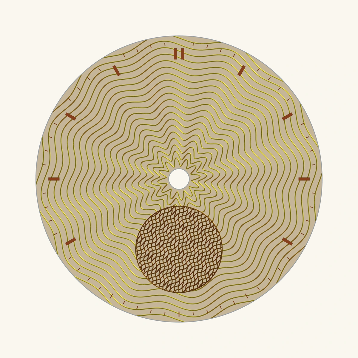 Gold twelve-lobe waves on a champagne face, with a copper crosshatched decorative register at six.