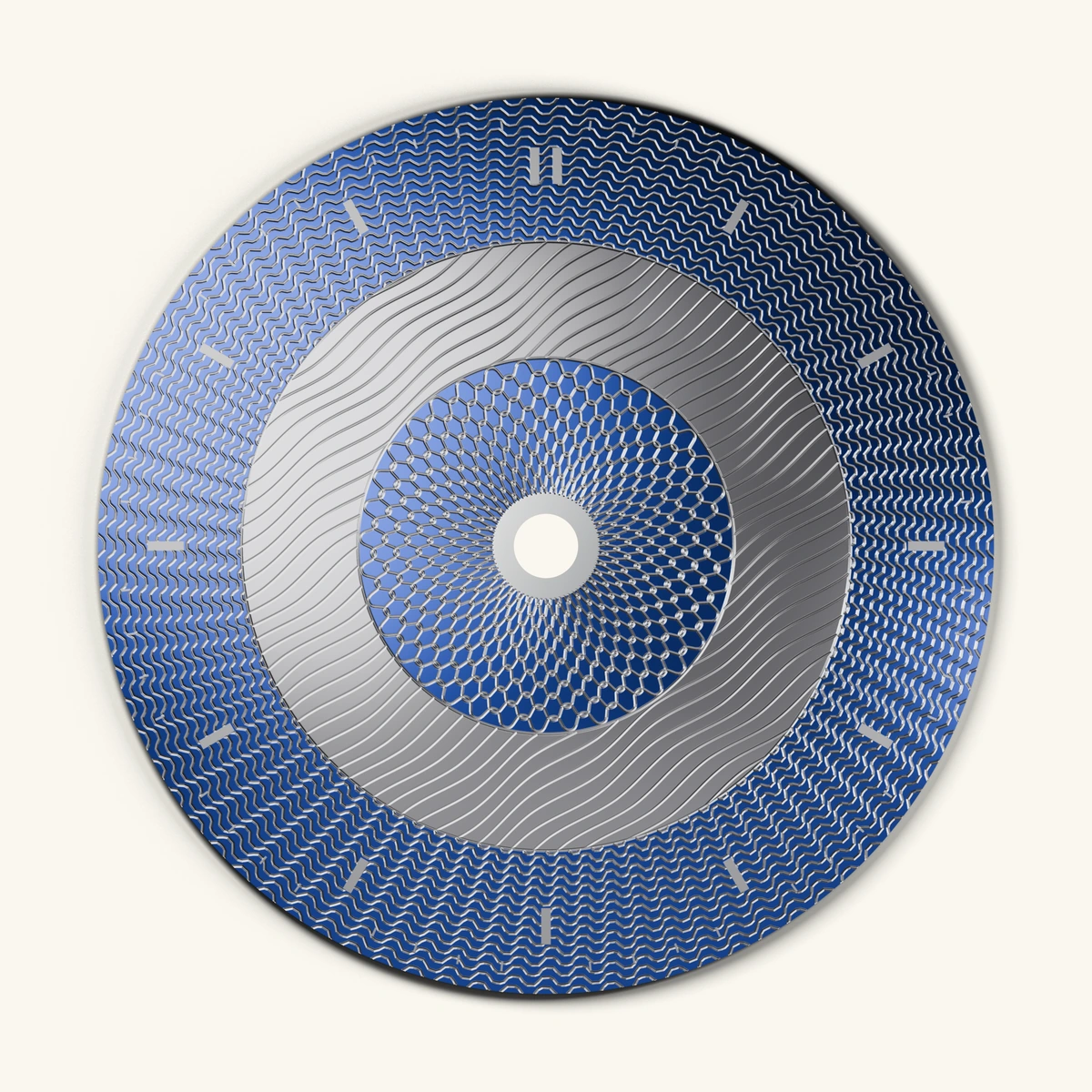 Digital material study of a blue-and-silver dial with three patterned bands and solid baton markers.