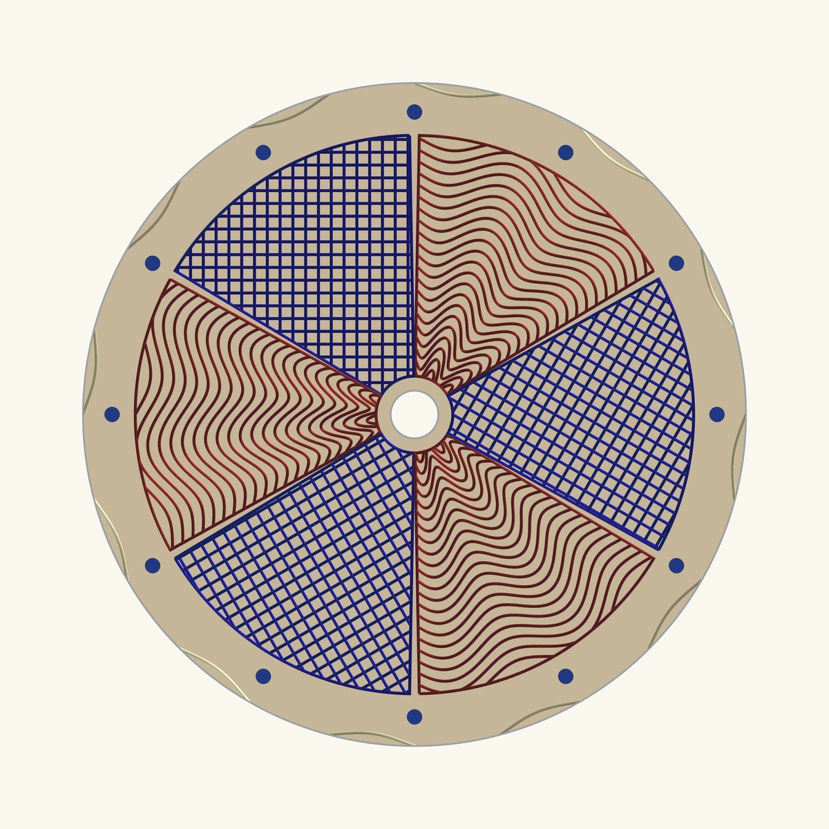 Six sectors alternate wine-red rose curves and royal-blue crosshatching on a champagne dial with blue dot markers.