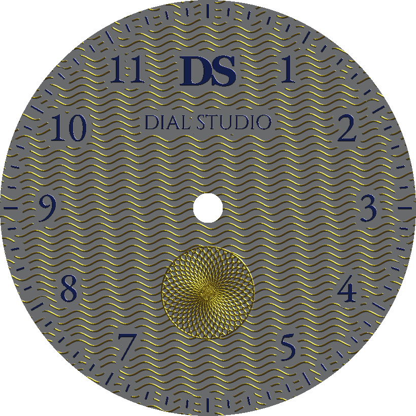 Realistic anodized titanium guilloché watch dial designed in Dial Studio — gold guilloché waves and a gold spirograph sub-dial with royal-blue numerals on a bare-titanium face.
